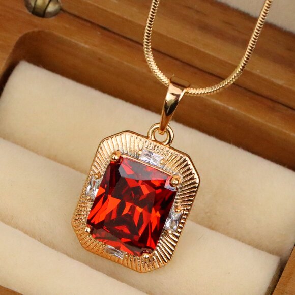 "Red Rectangle Pendant with Gold Frame and Sparkling Stone Accents, XPPT1787 - Picture 1 of 12